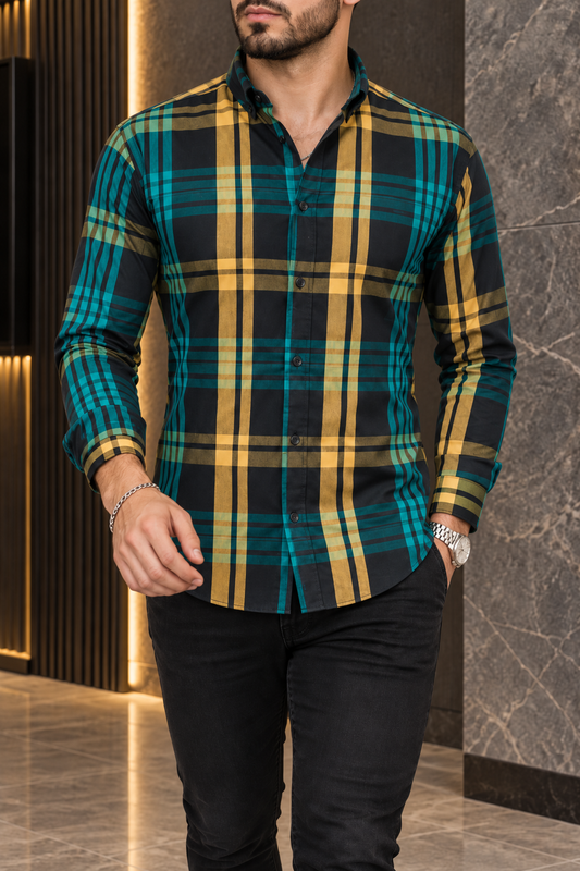 Camisa Manga Larga Cuadro Grande Y Rayas Amarillas, Azules