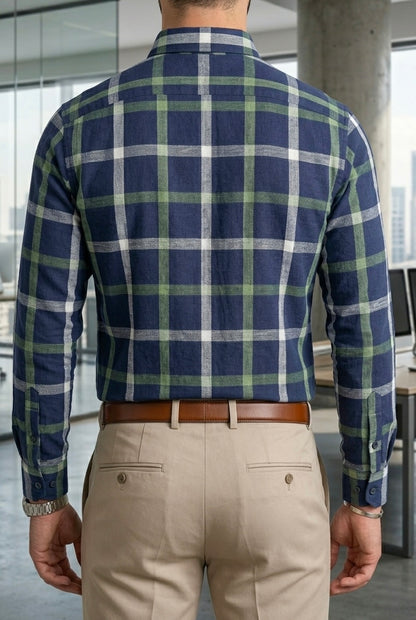 Camisa Casual Hombre Azul Rayas blancas y Verdes