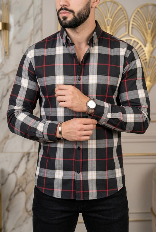 Camisa Manga Larga Negra Cuadros Beige