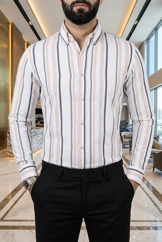 Camisa Blanca Rayas Beige/Azules