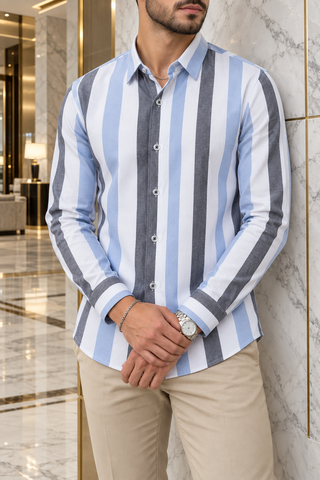 Camisa Manga Larga Blanca Rayas Azul Y Gris