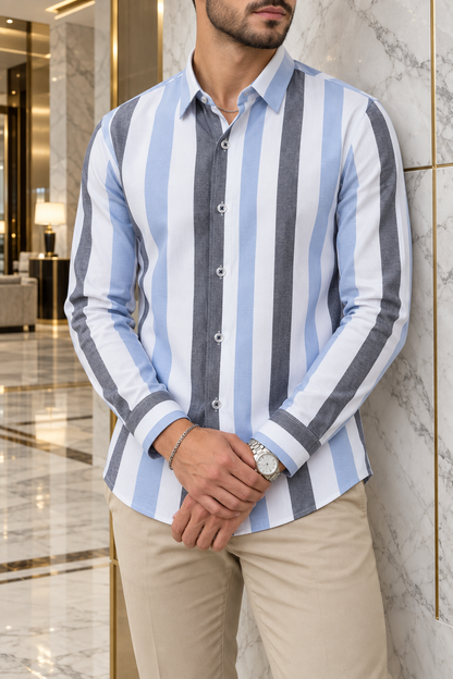Camisa Manga Larga Blanca Rayas Azul Y Gris