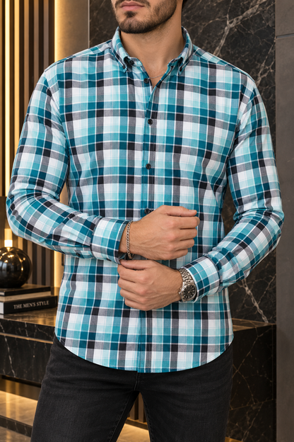 Camisa Manga Larga Cuadros Azules Y Negros