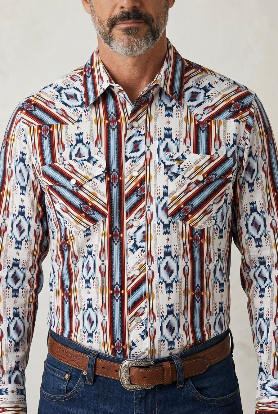 Camisa Vaquera Con Bolsas Blanca, Detalles Rojos y Naranjas