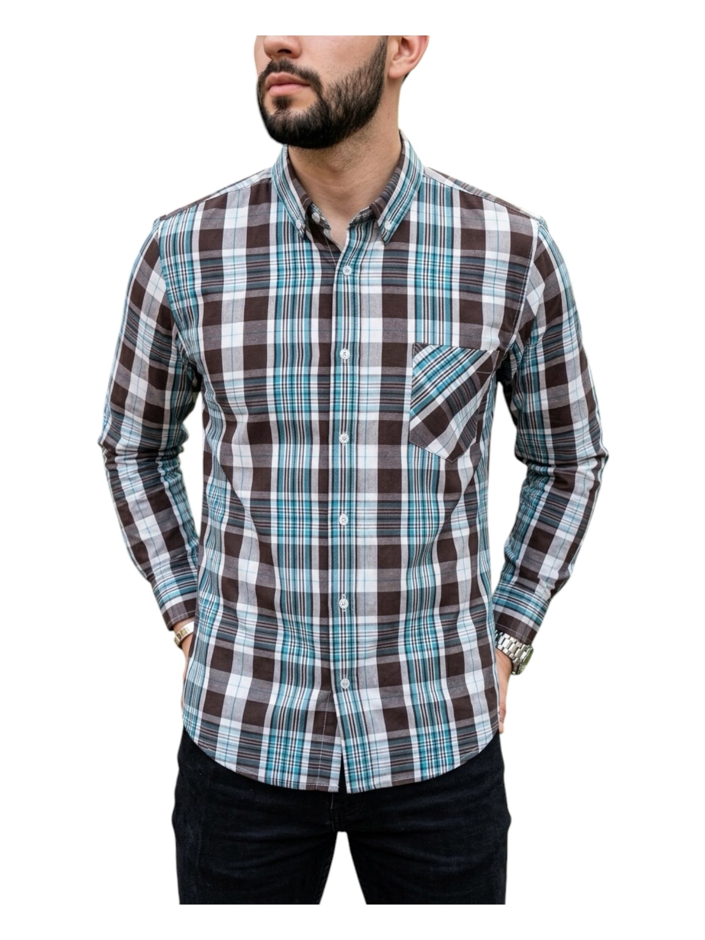 Camisa Manga Larga Con Bolsa Cuadros Azules y Cafés