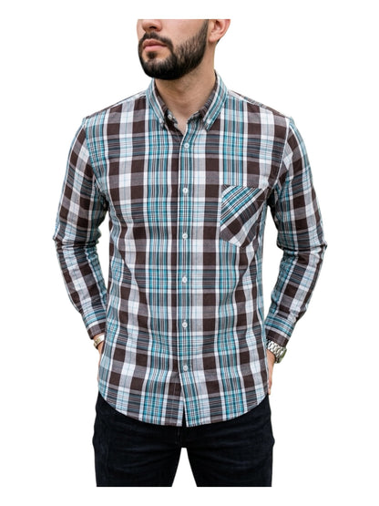 Camisa Manga Larga Con Bolsa Cuadros Azules y Cafés