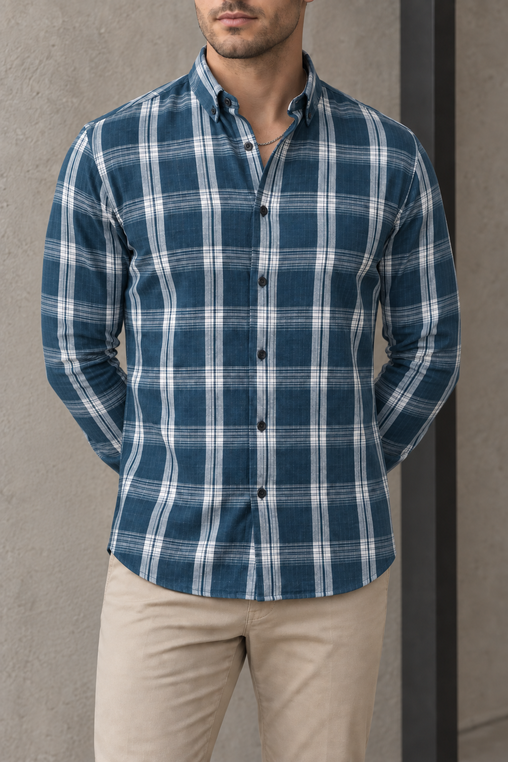 Camisa Manga Larga Cuadros Azules Rayas Blancas