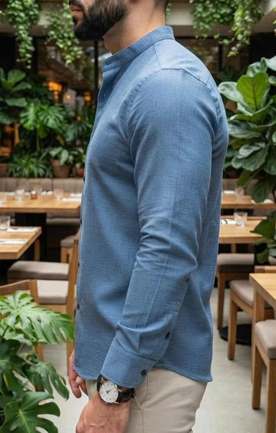 Camisa Manga Larga Cuello Mao Azul Cielo