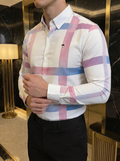 Camisa Casual Hombre Blanca Franjas Rosas y Azules