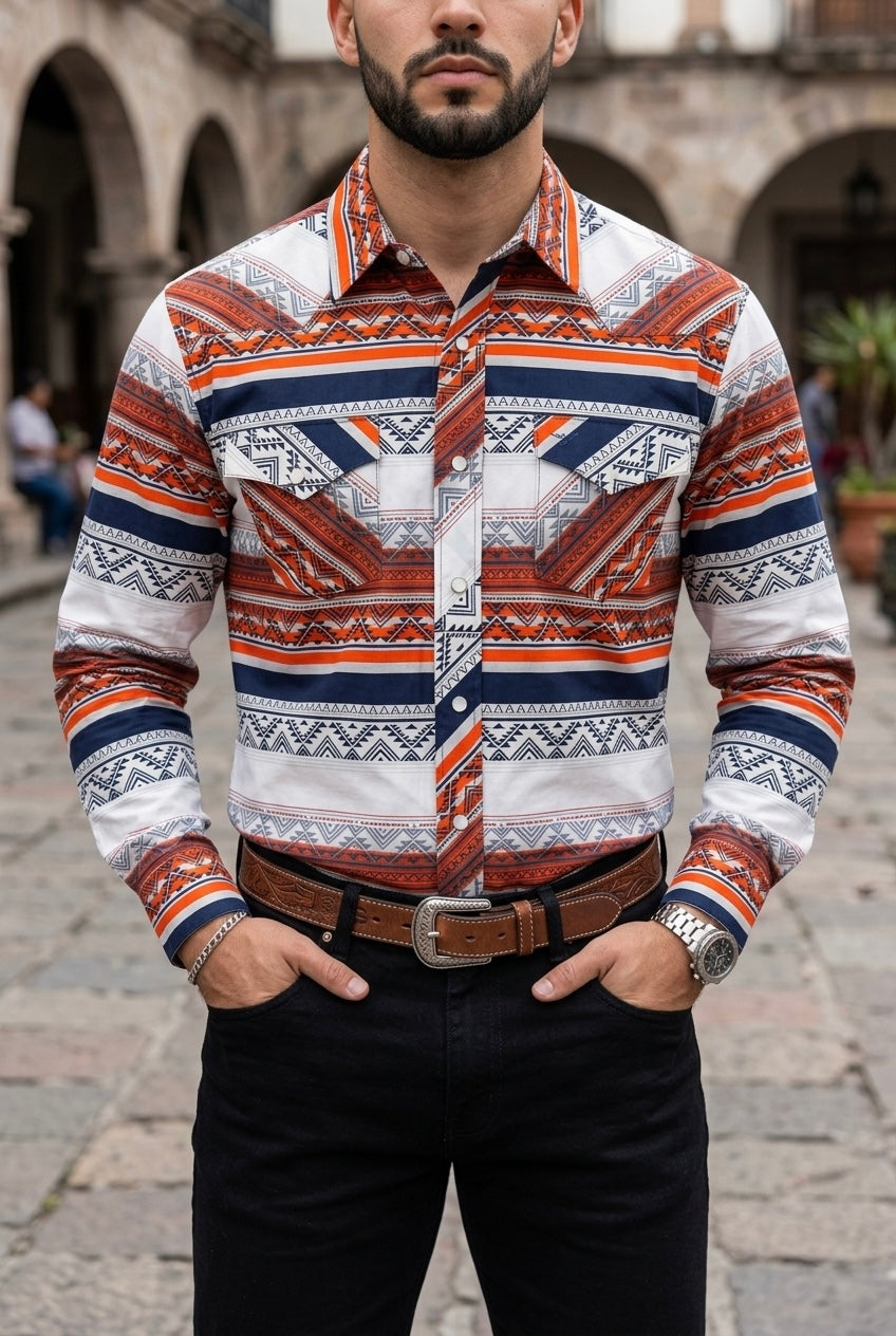 Camisa Vaquera Con Bolsas Blanca Detalles Azules y Naranjas