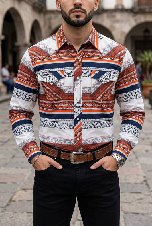 Camisa Vaquera Con Bolsas Blanca Detalles Azules y Naranjas