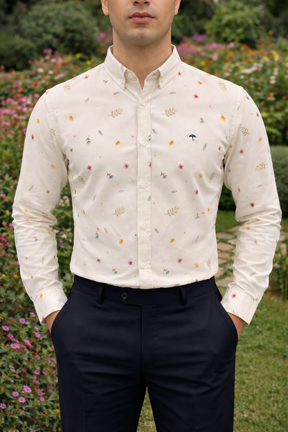 Camisa Casual Hombre Beige, Flores