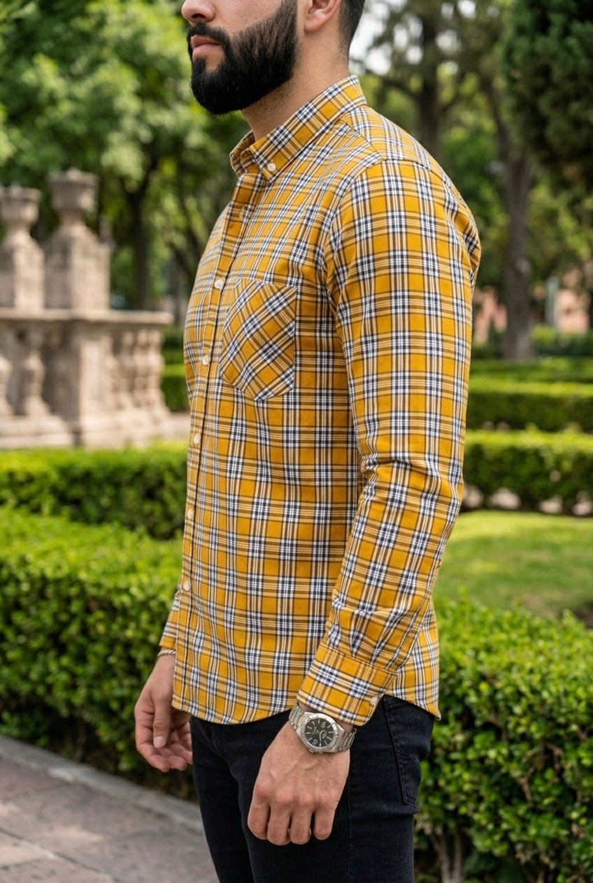 Camisa Manga Larga Con Bolsa Cuadros Amarillos y Blancos