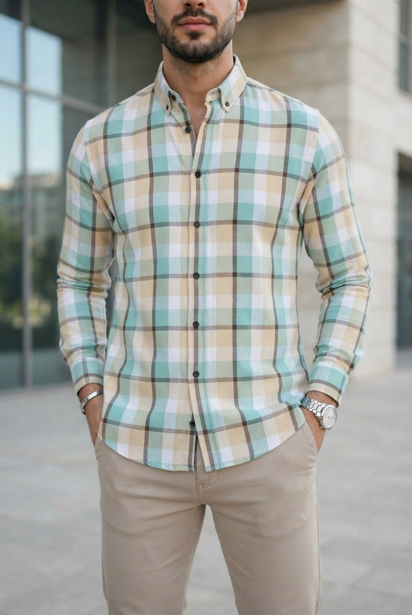 Camisa Manga Larga Cuadros Verdes, Blancos y Amarillos