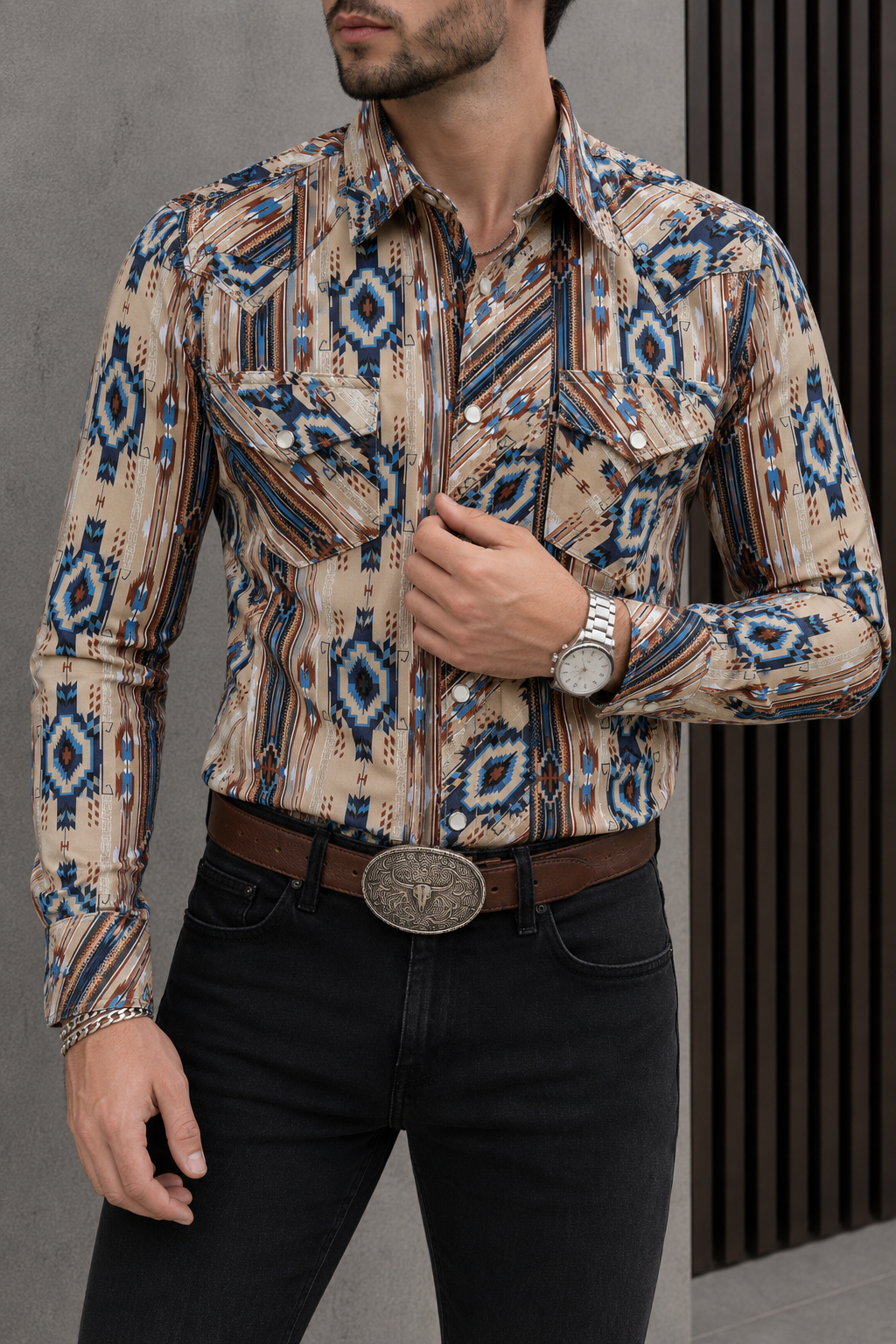 Camisa Vaquera Con Bolsas Beige Detalles Azules