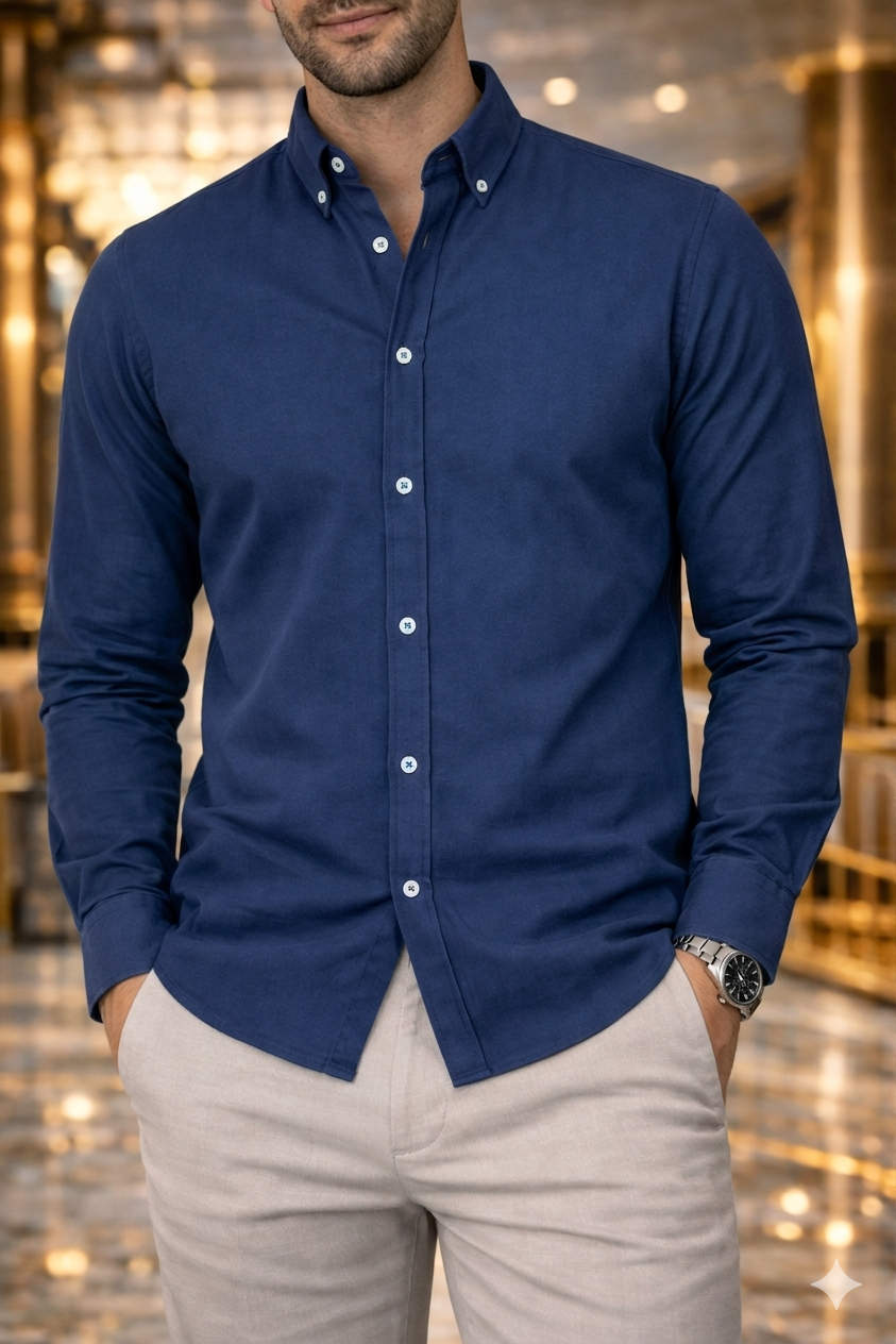 Camisa Azul Marino Lisa Manga Larga