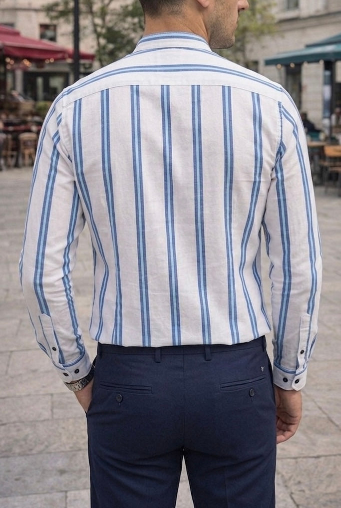 Camisa Cuello Mao Blanca Rayas Azules