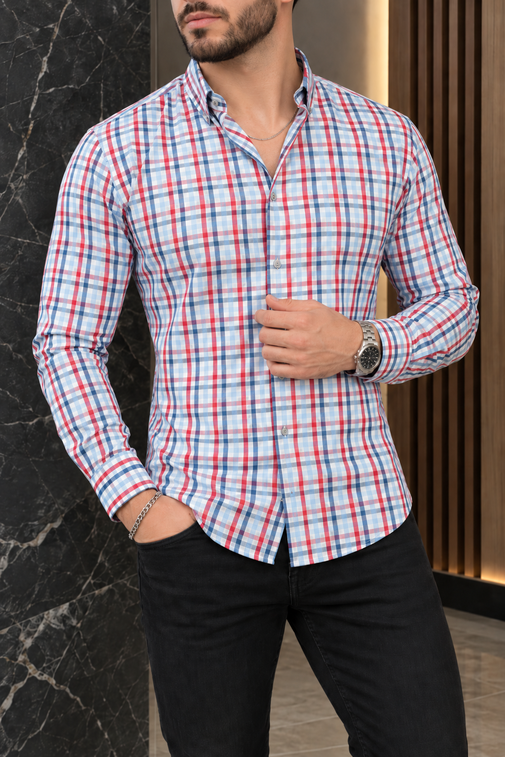 Camisa Manga Larga Mini Cuadros Rojos Y Azules