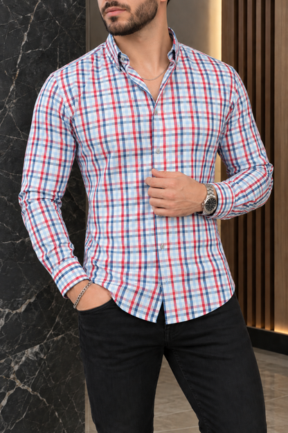 Camisa Manga Larga Mini Cuadros Rojos Y Azules