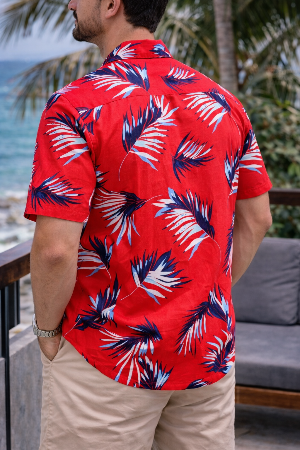 Camisa Manga Corta Roja Hojas Azules OVERSIZE