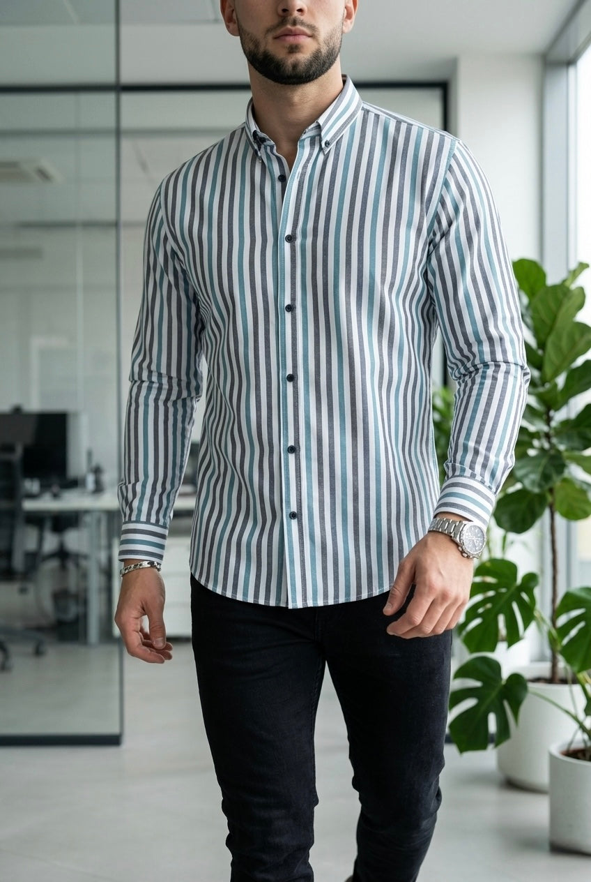 Camisa Manga Larga Rayas Blancas, Gris Azules
