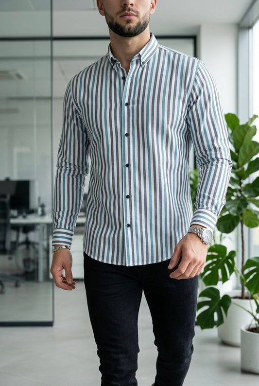 Camisa Manga Larga Rayas Blancas, Gris Azules