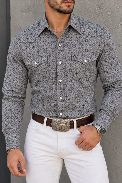 Camisa Vaquera Con Bolsas Gris Geometría Tribal