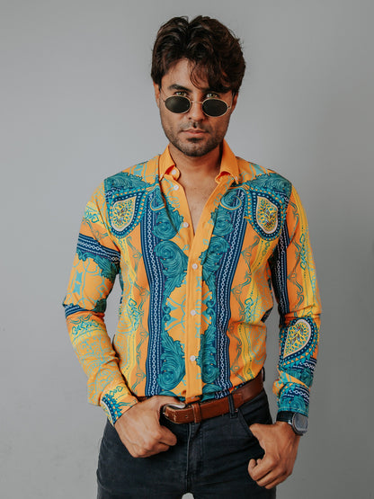 CAMISA HOMBRE SLIM FIT, NARANJA FLORES AMARILLAS VERDES Y AZUL