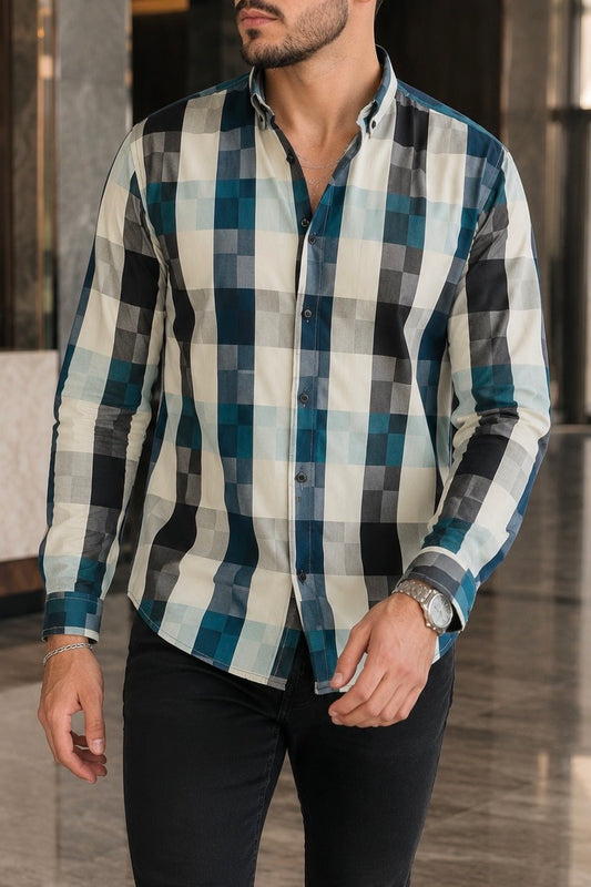 Camisa Manga Larga Beige Cuadros Azul/Negro