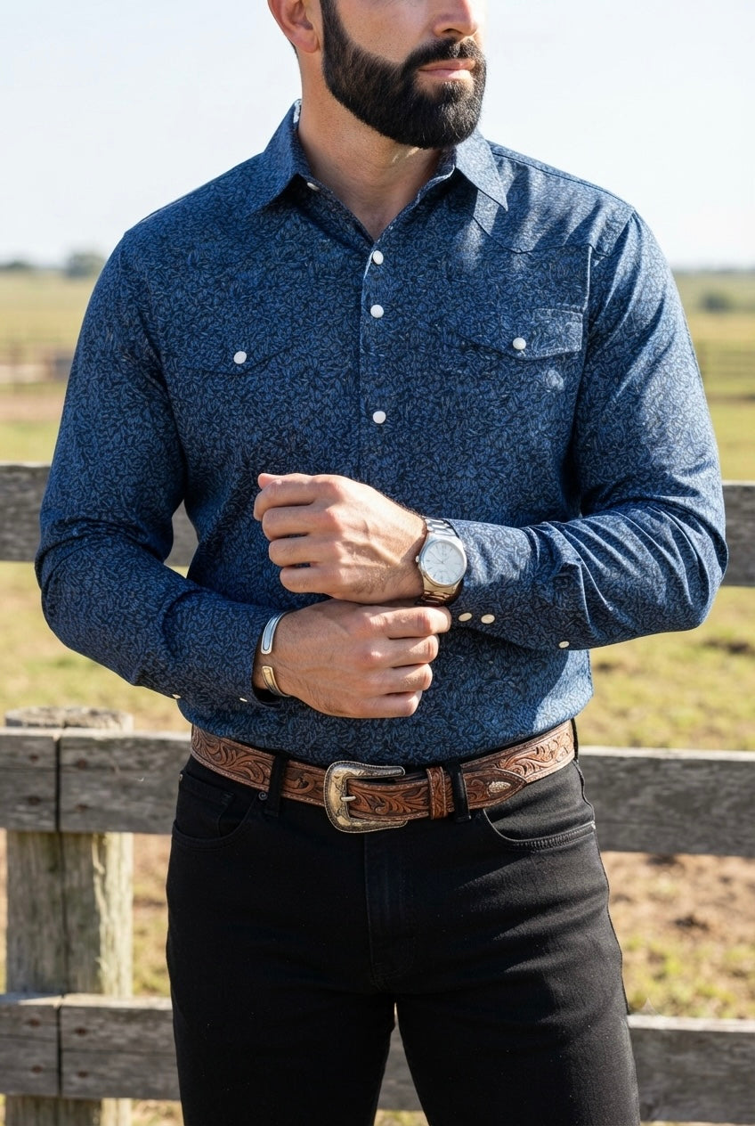 Camisa Vaquera Con Bolsas Azul Detalle Hojas