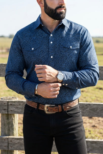 Camisa Vaquera Con Bolsas Azul Detalle Hojas