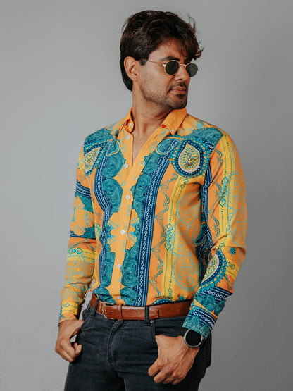 CAMISA HOMBRE SLIM FIT, NARANJA FLORES AMARILLAS VERDES Y AZUL