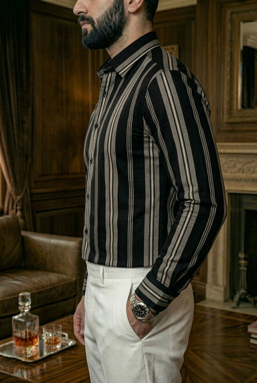 Camisa Negra Rayas Blancas Y Beige