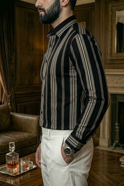 Camisa Negra Rayas Blancas Y Beige