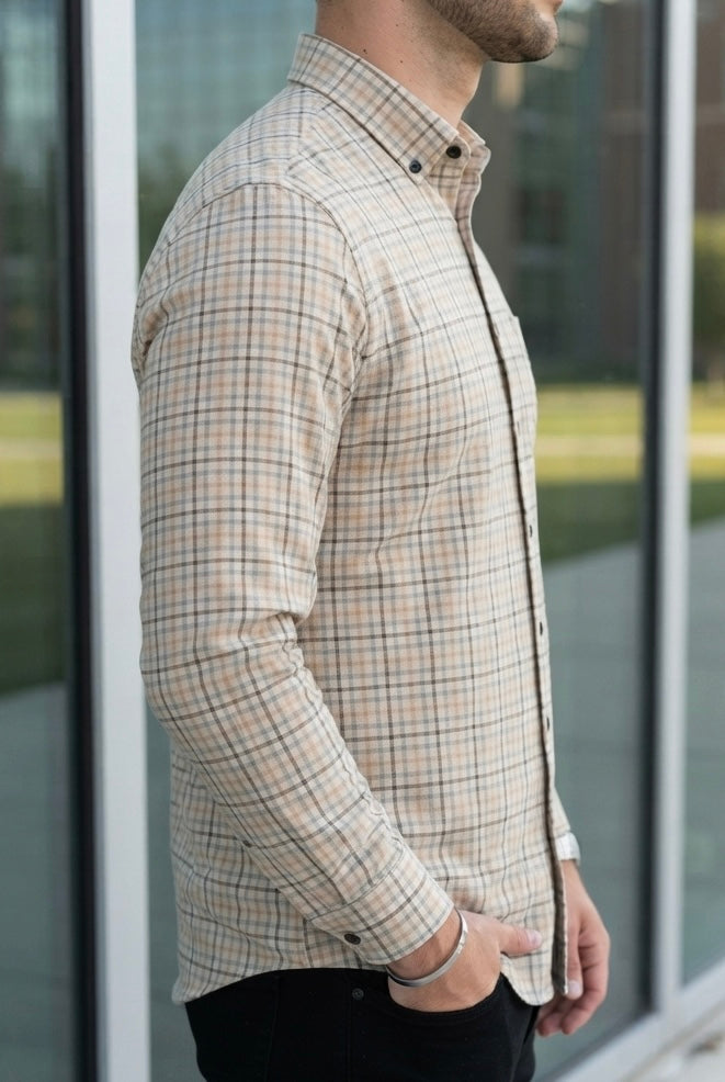 Camisa Manga Larga Cuadros Beige Líneas Bicolor