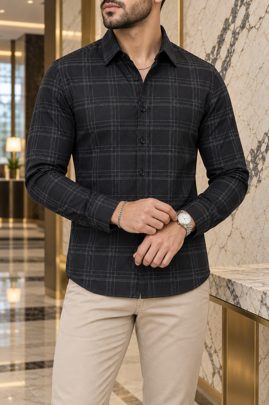 Camisa Manga Larga Cuadros Rayas Blancas