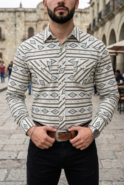 Camisa Vaquera Con Bolsas Blanca Líneas Det Verdes y Rojas