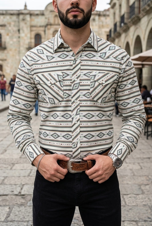 Camisa Vaquera Con Bolsas Blanca Líneas Det Verdes y Rojas