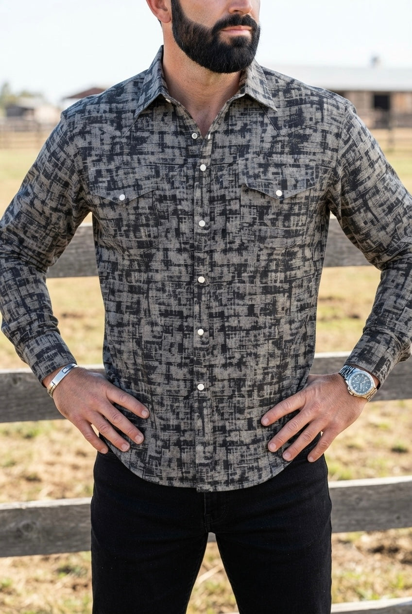 Camisa Vaquera Con Bolsas Detalles Gris y Negro
