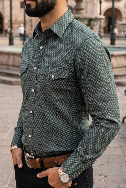 Camisa Vaquera Verde Detalles Blancos