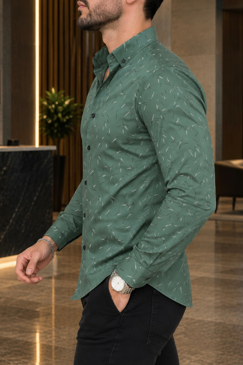 Camisa Manga Larga Verde Detalles Blancos Y Negros
