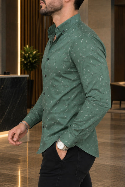 Camisa Manga Larga Verde Detalles Blancos Y Negros