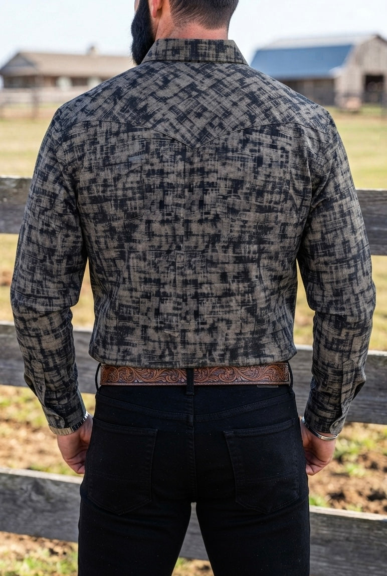 Camisa Vaquera Con Bolsas Detalles Gris y Negro