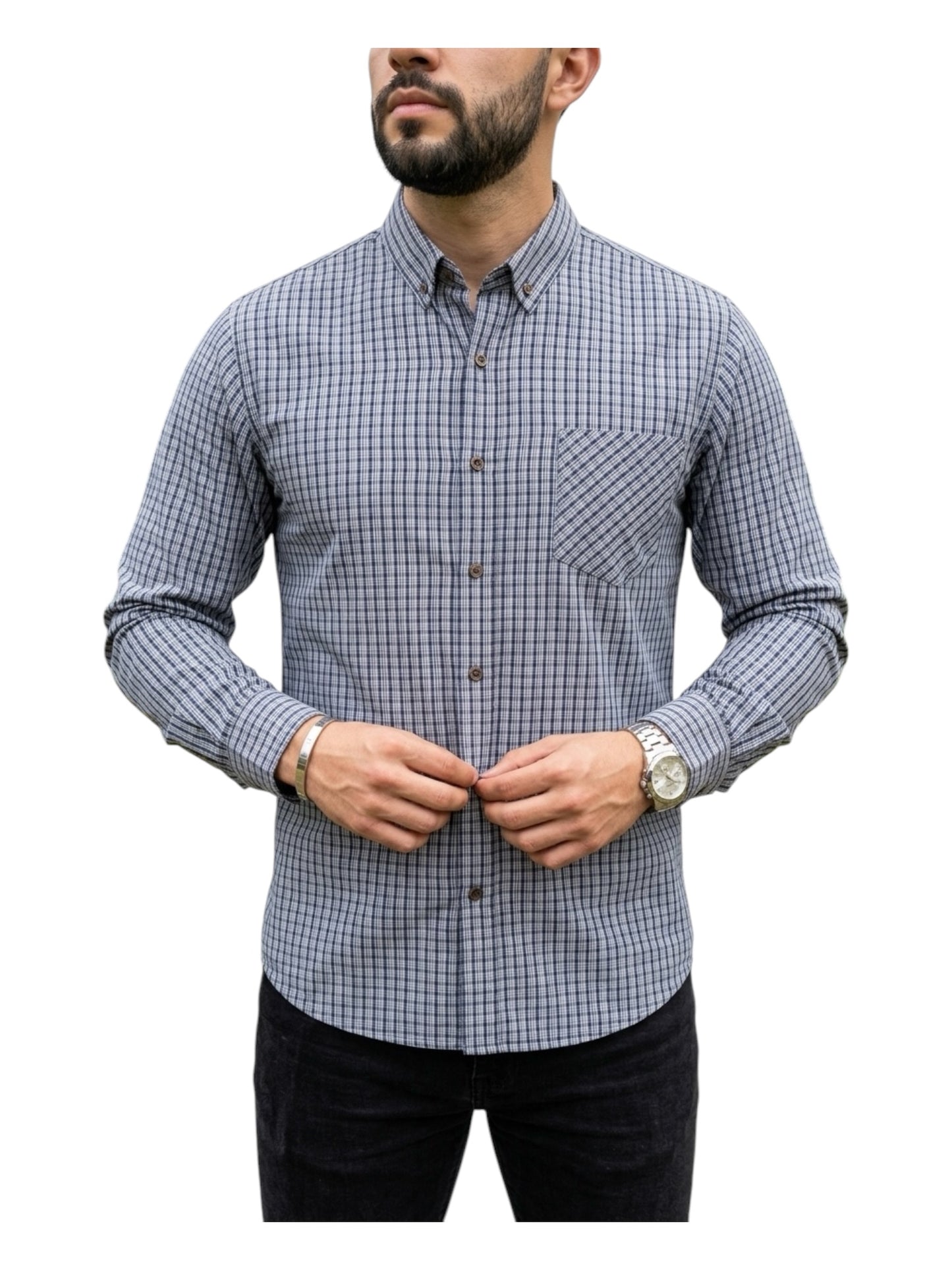 Camisa Manga Larga Con Bolsa Mini Cuadros Azules