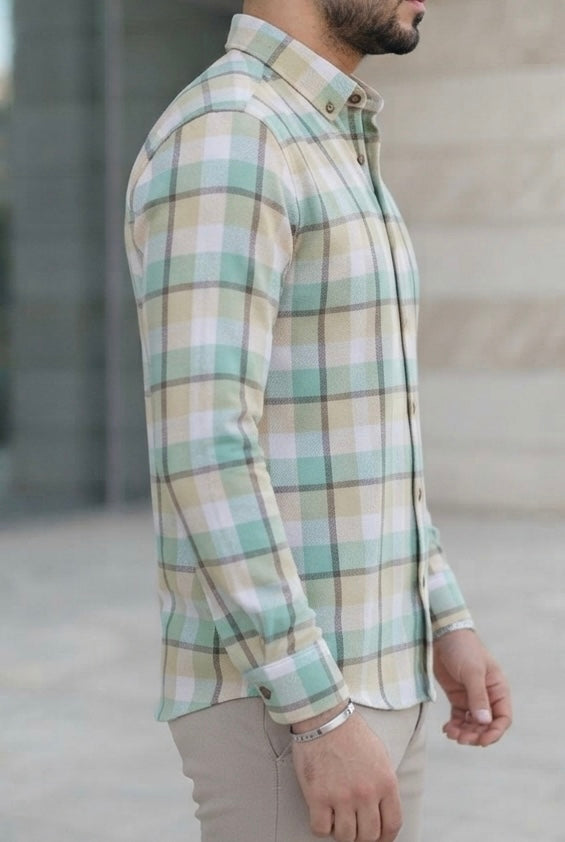 Camisa Manga Larga Cuadros Verdes, Blancos y Amarillos