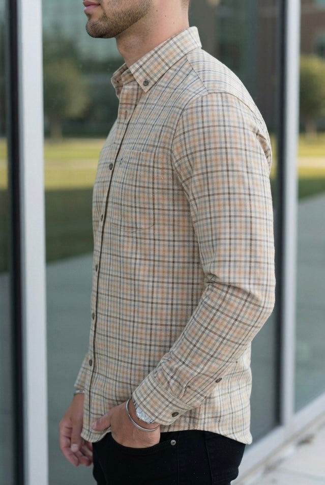 Camisa Manga Larga Cuadros Beige Líneas Bicolor
