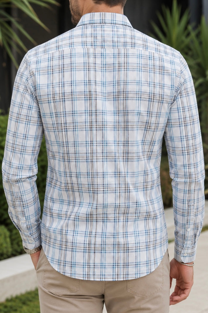 Camisa Manga Larga Blanca Rayas Azules y Negras