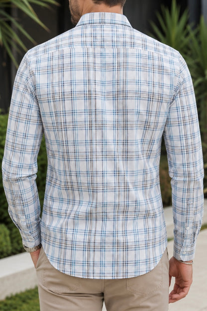 Camisa Manga Larga Blanca Rayas Azules y Negras