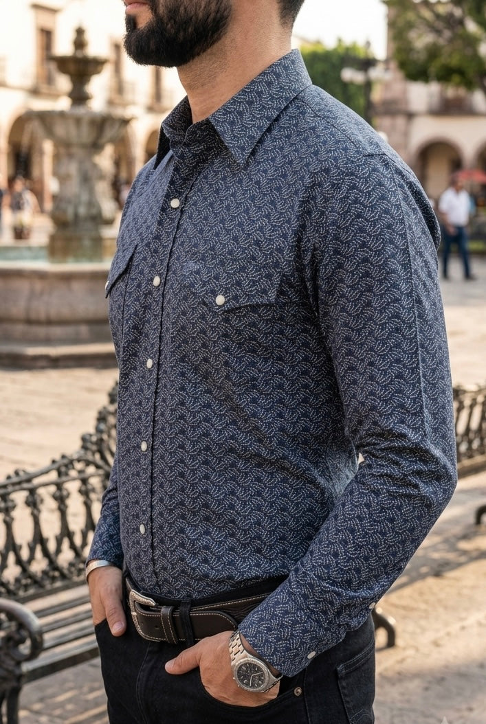 Camisa Vaquera Con Bolsas Azul Detalles Blancos