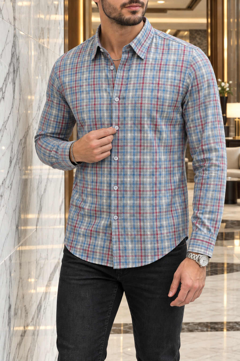 Camisa Manga Larga Mini Cuadros Rojos, Azules, Blancos